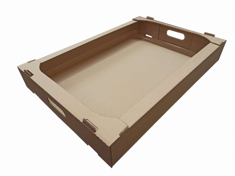 Solidna, 3-warstwowa tacka tekturowa o wymiarach 600x400x80 mm, wykonana z wytrzymałej szaro-szarej tektury (gramatura 385 g/m²). Łatwa do samodzielnego złożenia.