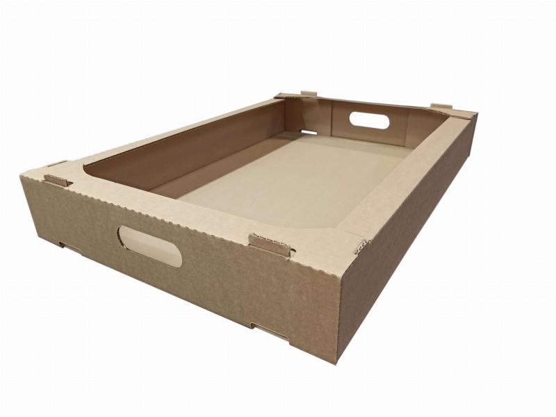 Solidna, 3-warstwowa tacka tekturowa o wymiarach 600x400x80 mm, wykonana z wytrzymałej szaro-szarej tektury (gramatura 385 g/m²). Łatwa do samodzielnego złożenia.