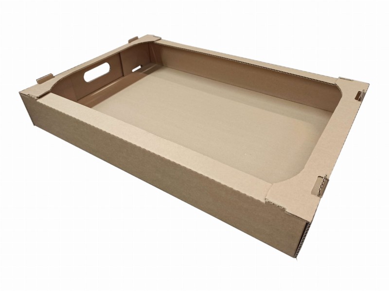 Solidna, 3-warstwowa tacka tekturowa o wymiarach 600x400x80 mm, wykonana z wytrzymałej szaro-szarej tektury (gramatura 385 g/m²). Łatwa do samodzielnego złożenia.
