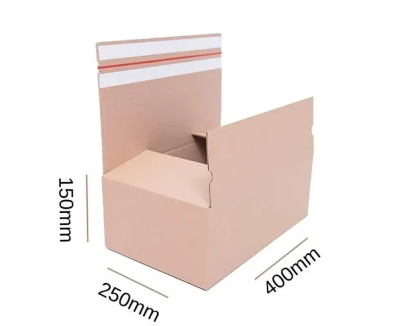 Karton o wymiarach 400x250x150mm. Pudełko wykonane z szarej 3-warstwowej tektury. Posiadający automatyczne dno oraz dwa paski klejowe i zrywkę. Dzięki przemyślanej konstrukcji składanie kartonu jest szybkie i wygodne.