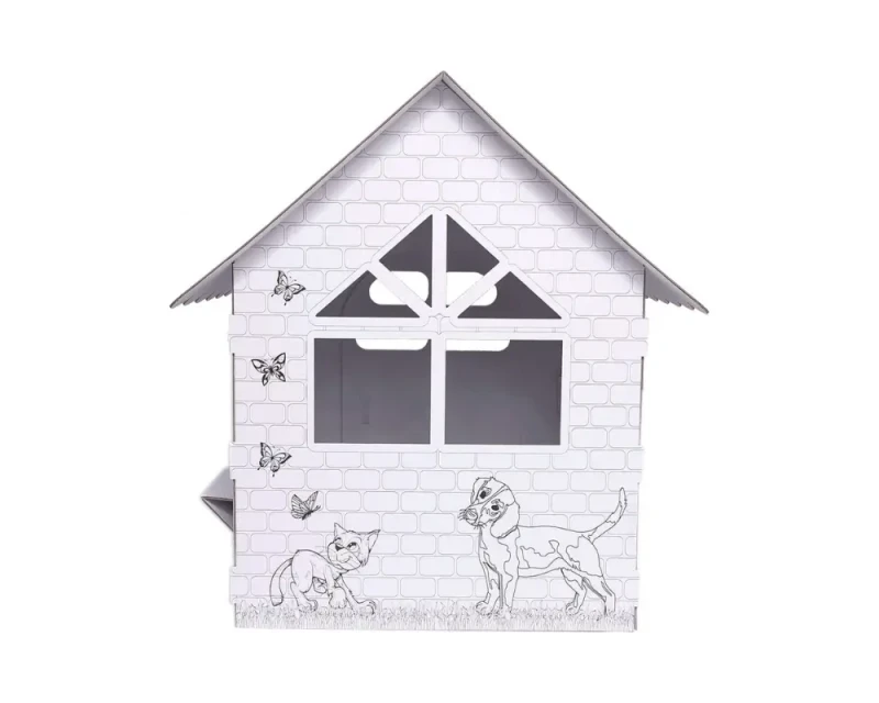 Duży domek kolorowanka z tektury 5-warstwowej przestronna konstrukcja. Z otwieranymi drzwiami i oknami. Zapewnia kreatywną i bezpieczną rozrywkę dla dzieci. Nadrukowane zwierzęta takie jak pies, kot, pszczoła, ptak.