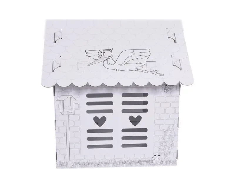 Duży domek kolorowanka z tektury 5-warstwowej przestronna konstrukcja. Z otwieranymi drzwiami i oknami. Zapewnia kreatywną i bezpieczną rozrywkę dla dzieci. Nadrukowane zwierzęta takie jak pies, kot, pszczoła, ptak.