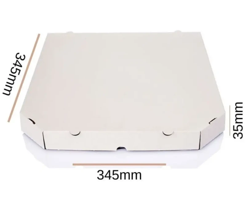 Białe pudełko fasonowe do pizzy o wymiarach 345x345x35 mm, wykonane z trwałej, 3-warstwowej tektury (fala E) o gramaturze 400 g/m². Pudełko zewnętrznie bielone, wewnątrz szare. Konstrukcja pozwala na szybkie i łatwe składanie.