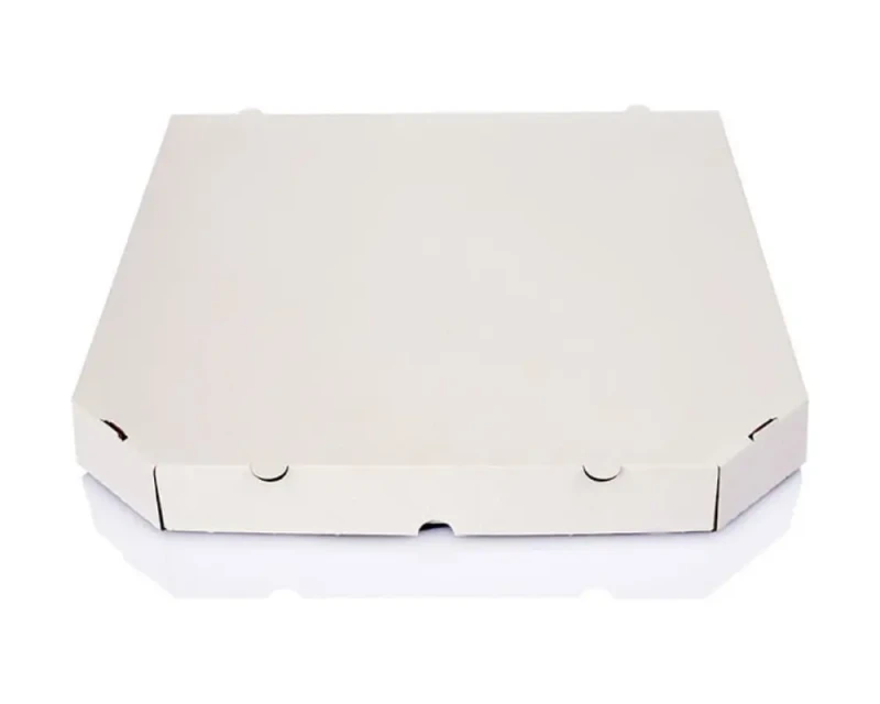 Białe pudełko fasonowe do pizzy o wymiarach 345x345x35 mm, wykonane z trwałej, 3-warstwowej tektury (fala E) o gramaturze 400 g/m². Pudełko zewnętrznie bielone, wewnątrz szare. Konstrukcja pozwala na szybkie i łatwe składanie.