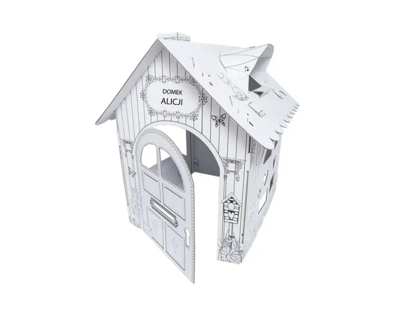 Duży domek kolorowanka z tektury 5-warstwowej przestronna konstrukcja. Z otwieranymi drzwiami i oknami, kominem i daszkiem na dachu. Zapewnia kreatywną i bezpieczną rozrywkę dla dzieci. Nadrukowane uroczy smok, wiewiórka, motyle.
