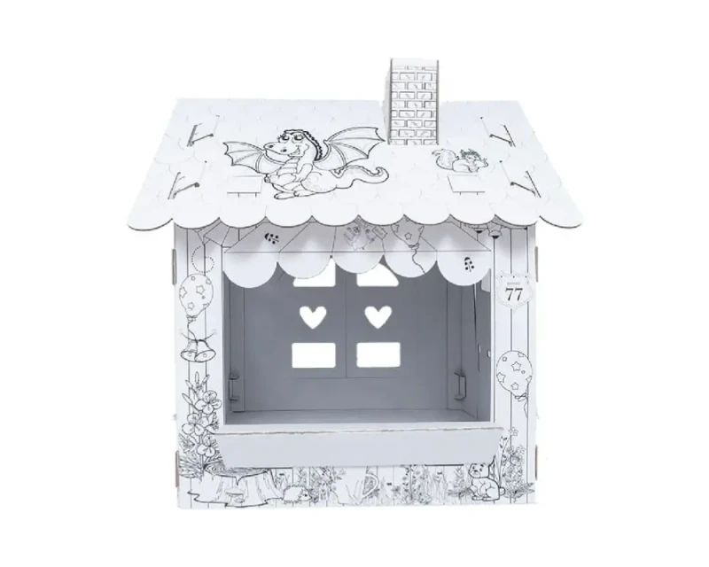 Duży domek kolorowanka z tektury 5-warstwowej przestronna konstrukcja. Z otwieranymi drzwiami i oknami, kominem i daszkiem na dachu. Zapewnia kreatywną i bezpieczną rozrywkę dla dzieci. Nadrukowane uroczy smok, wiewiórka, motyle.