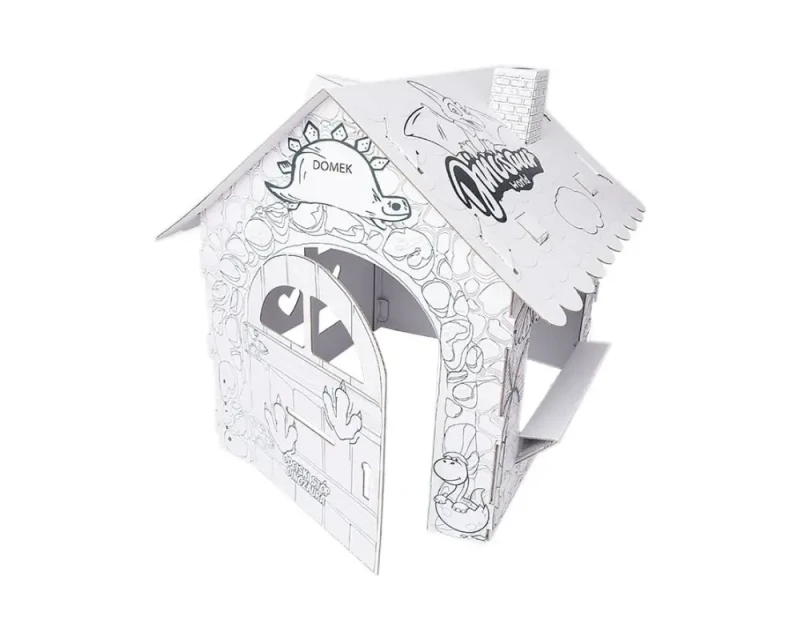 Duży domek kolorowanka z tektury 5-warstwowej przestronna konstrukcja. Z otwieranymi drzwiami i oknami, kominem i daszkiem na dachu. Zapewnia kreatywną i bezpieczną rozrywkę dla dzieci. Nadrukowane dinozaury.