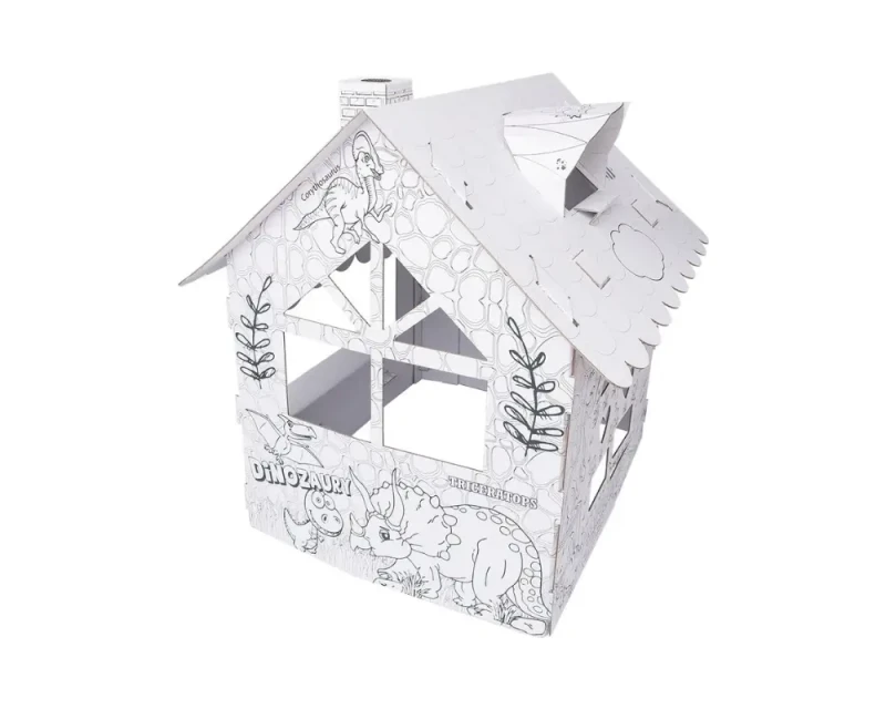 Duży domek kolorowanka z tektury 5-warstwowej przestronna konstrukcja. Z otwieranymi drzwiami i oknami, kominem i daszkiem na dachu. Zapewnia kreatywną i bezpieczną rozrywkę dla dzieci. Nadrukowane dinozaury.