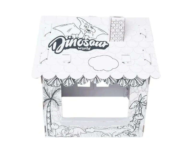 Duży domek kolorowanka z tektury 5-warstwowej przestronna konstrukcja. Z otwieranymi drzwiami i oknami, kominem i daszkiem na dachu. Zapewnia kreatywną i bezpieczną rozrywkę dla dzieci. Nadrukowane dinozaury.
