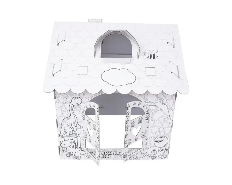 Duży domek kolorowanka z tektury 5-warstwowej przestronna konstrukcja. Z otwieranymi drzwiami i oknami, kominem i daszkiem na dachu. Zapewnia kreatywną i bezpieczną rozrywkę dla dzieci. Nadrukowane dinozaury.