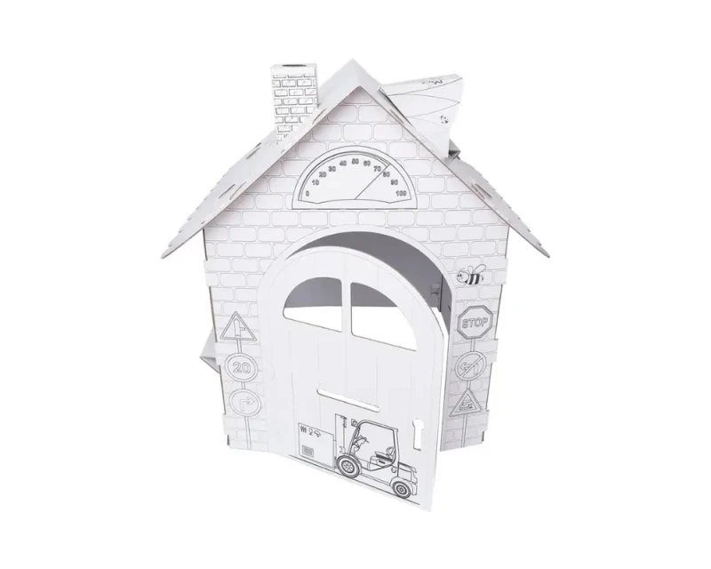 Duży domek kolorowanka z tektury 5-warstwowej przestronna konstrukcja. Z otwieranymi drzwiami i oknami, kominem i daszkiem na dachu. Zapewnia kreatywną i bezpieczną rozrywkę dla dzieci. Nadrukowane pojazdy takie jak samochody, wózek widłowy, samolot, bus.