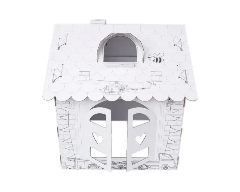 Duży domek kolorowanka z tektury 5-warstwowej przestronna konstrukcja. Z otwieranymi drzwiami i oknami, kominem i daszkiem na dachu. Zapewnia kreatywną i bezpieczną rozrywkę dla dzieci. Nadrukowane pojazdy takie jak samochody, wózek widłowy, samolot, bus.