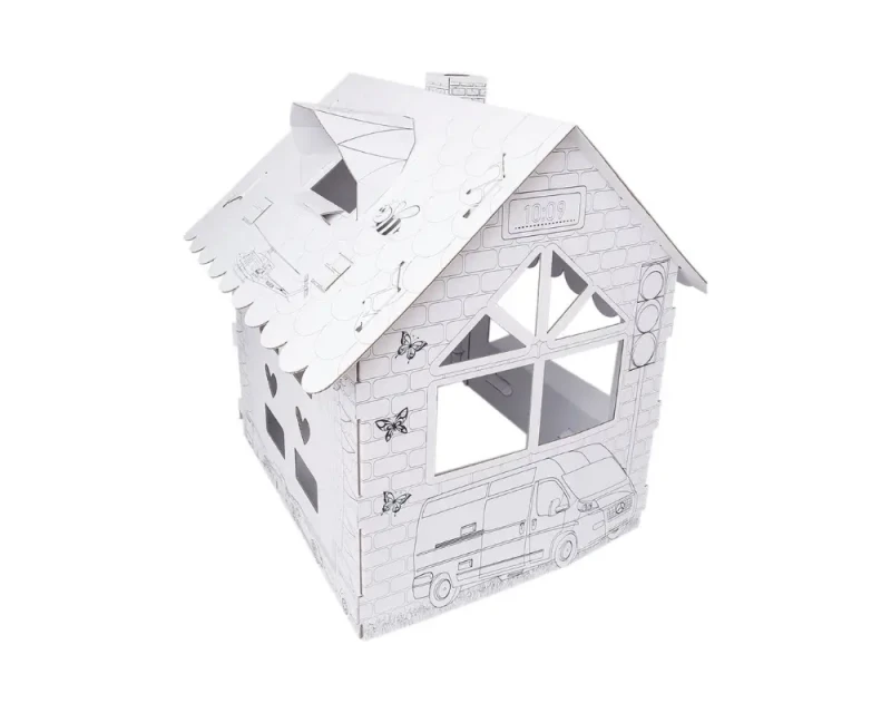 Duży domek kolorowanka z tektury 5-warstwowej przestronna konstrukcja. Z otwieranymi drzwiami i oknami, kominem i daszkiem na dachu. Zapewnia kreatywną i bezpieczną rozrywkę dla dzieci. Nadrukowane pojazdy takie jak samochody, wózek widłowy, samolot, bus.