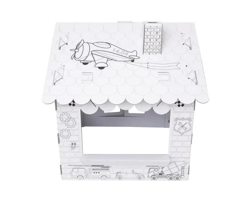 Duży domek kolorowanka z tektury 5-warstwowej przestronna konstrukcja. Z otwieranymi drzwiami i oknami, kominem i daszkiem na dachu. Zapewnia kreatywną i bezpieczną rozrywkę dla dzieci. Nadrukowane pojazdy takie jak samochody, wózek widłowy, samolot, bus.