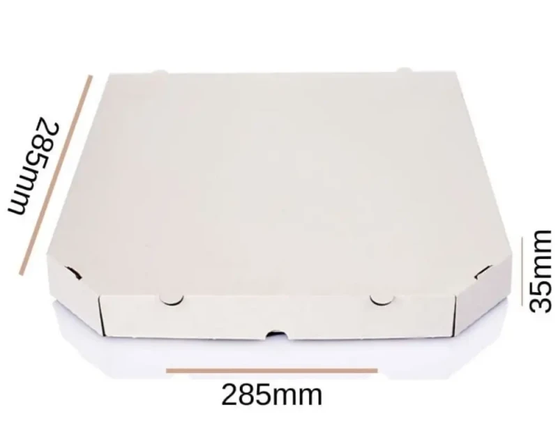Białe pudełko fasonowe do pizzy o wymiarach 285x285x35 mm, wykonane z trwałej, 3-warstwowej tektury (fala E) o gramaturze 400 g/m². Pudełko zewnętrznie bielone, wewnątrz szare. Konstrukcja pozwala na szybkie i łatwe składanie.