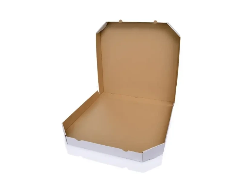 Białe pudełko fasonowe do pizzy o wymiarach 285x285x35 mm, wykonane z trwałej, 3-warstwowej tektury (fala E) o gramaturze 400 g/m². Pudełko zewnętrznie bielone, wewnątrz szare. Konstrukcja pozwala na szybkie i łatwe składanie.