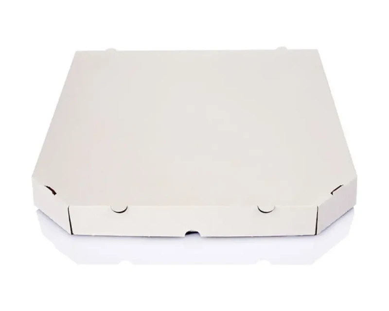 Białe pudełko fasonowe do pizzy o wymiarach 285x285x35 mm, wykonane z trwałej, 3-warstwowej tektury (fala E) o gramaturze 400 g/m². Pudełko zewnętrznie bielone, wewnątrz szare. Konstrukcja pozwala na szybkie i łatwe składanie.