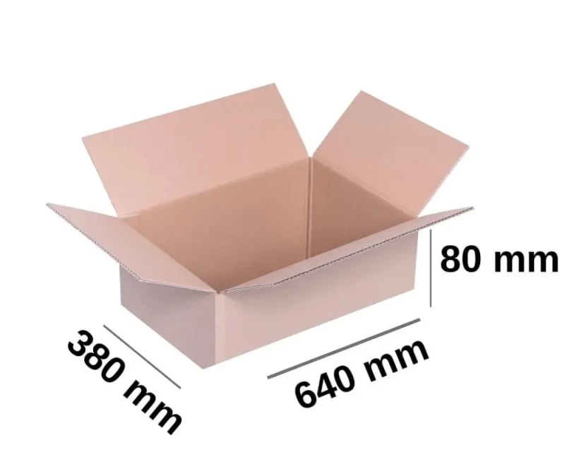 Szary karton klapowy o wymiarach 640x380x80mm, wykonany z 3-warstwowej tektury (fala B) o gramaturze 410 g/m².