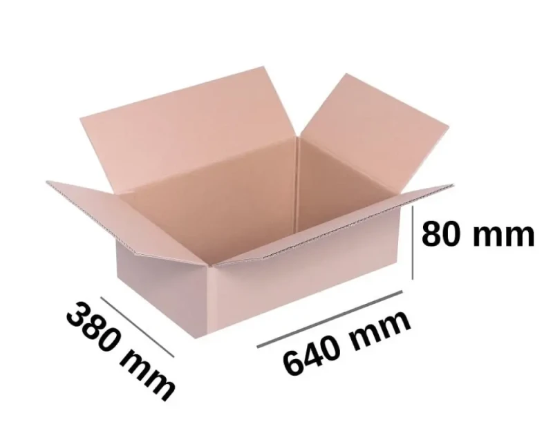 Szary karton klapowy o wymiarach 640x380x80mm, wykonany z 3-warstwowej tektury (fala B) o gramaturze 410 g/m².