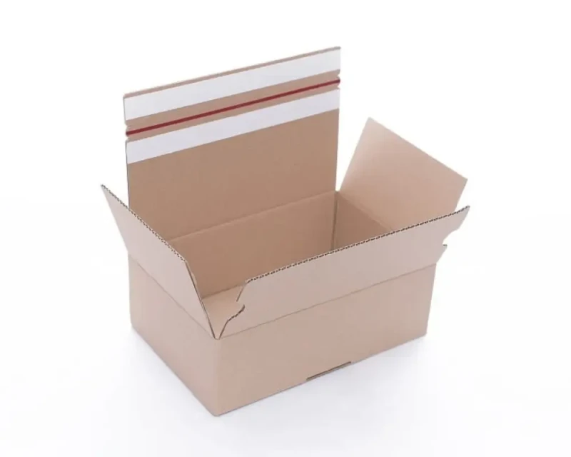 Zdjęcie przedstawia karton fasonowy z automatycznym dnem i dwoma paskami klejowymi. Opakowanie wykonane z 3-warstwowej tektury falistej w kolorze szarym. Automatyczne dno skraca czas pakowania produktów.