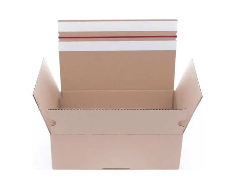 Zdjęcie przedstawia karton fasonowy z automatycznym dnem i dwoma paskami klejowymi. Opakowanie wykonane z 3-warstwowej tektury falistej w kolorze szarym. Automatyczne dno skraca czas pakowania produktów.