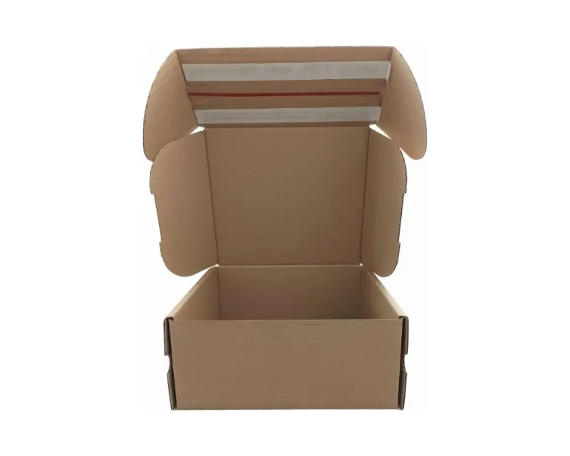 Karton fasonowy z dwoma paskami klejącymi i zrywką o wymiarach 235x200x100mm. Wykonane z szarej tektury falistej fali B o gramaturze 410 g/m². Estetyczna konstrukcja z dwoma paskami klejowymi na górnej klapie oraz zrywką, która umożliwia szybkie otwarcie.