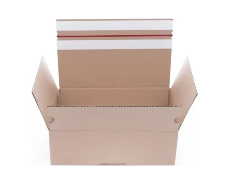 Zdjęcie przedstawia karton fasonowy z automatycznym dnem i dwoma paskami klejowymi. Opakowanie wykonane z 3-warstwowej tektury falistej w kolorze szarym. Automatyczne dno skraca czas pakowania produktów.