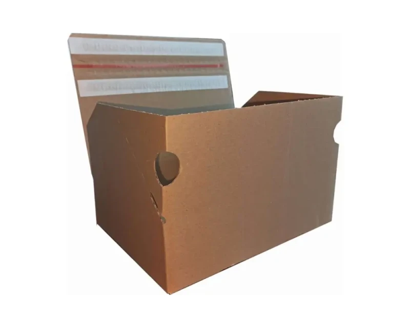 Karton o wymiarach 250x175x75mm, wykonany z szarej tektury falistej (fala B, gramatura 385 g/m²), Karton posiada automatyczne dno a na górnej klapie dwa paski hot-melt i zrywkę. Zdjęcie prezentuje nowoczesną konstrukcję.