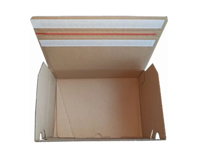 Karton o wymiarach 250x175x75mm, wykonany z szarej tektury falistej (fala B, gramatura 385 g/m²), Karton posiada automatyczne dno a na górnej klapie dwa paski hot-melt i zrywkę. Zdjęcie prezentuje nowoczesną konstrukcję.