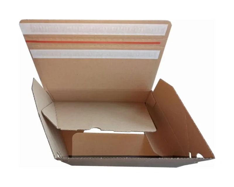 Karton o wymiarach 250x175x75mm, wykonany z szarej tektury falistej (fala B, gramatura 385 g/m²), Karton posiada automatyczne dno a na górnej klapie dwa paski hot-melt i zrywkę. Zdjęcie prezentuje nowoczesną konstrukcję.