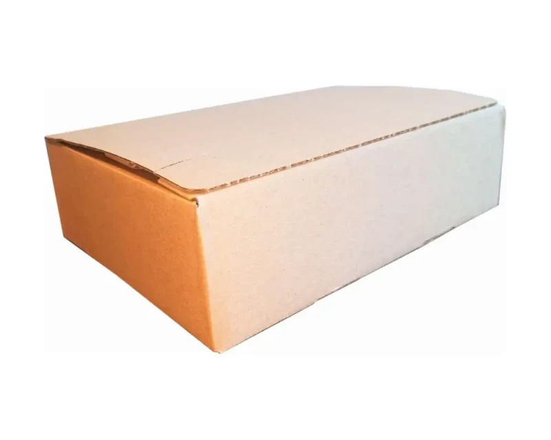 Karton o wymiarach 250x175x75mm, wykonany z szarej tektury falistej (fala B, gramatura 385 g/m²), Karton posiada automatyczne dno a na górnej klapie dwa paski hot-melt i zrywkę. Zdjęcie prezentuje nowoczesną konstrukcję.