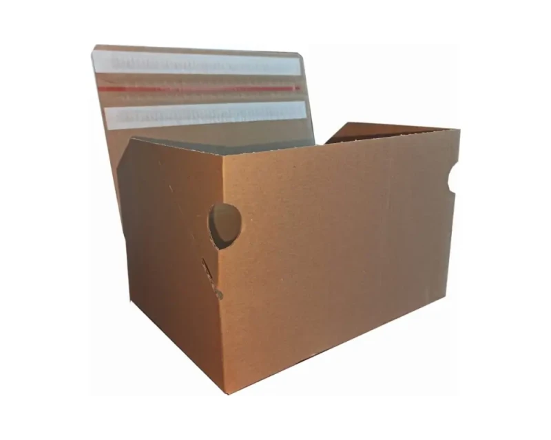 Karton o wymiarach 250x175x75mm, wykonany z szarej tektury falistej (fala B, gramatura 385 g/m²), Karton posiada automatyczne dno a na górnej klapie dwa paski hot-melt i zrywkę. Zdjęcie prezentuje nowoczesną konstrukcję.