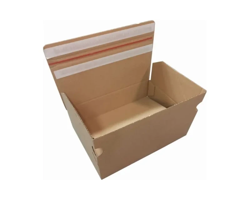 Karton o wymiarach 250x175x75mm, wykonany z szarej tektury falistej (fala B, gramatura 385 g/m²), Karton posiada automatyczne dno a na górnej klapie dwa paski hot-melt i zrywkę. Zdjęcie prezentuje nowoczesną konstrukcję.
