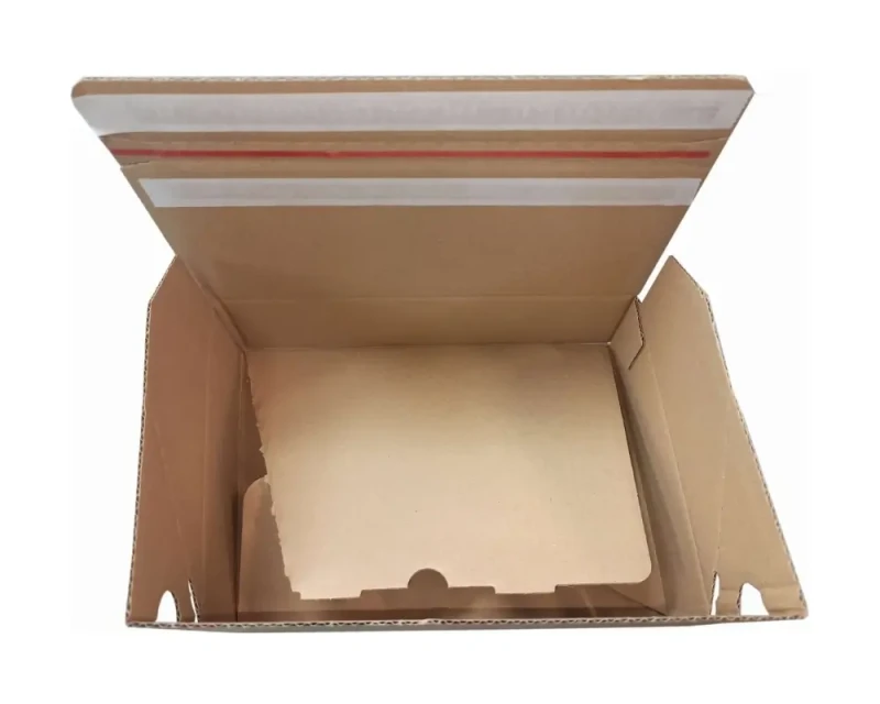 Karton o wymiarach 250x175x75mm, wykonany z szarej tektury falistej (fala B, gramatura 385 g/m²), Karton posiada automatyczne dno a na górnej klapie dwa paski hot-melt i zrywkę. Zdjęcie prezentuje nowoczesną konstrukcję.