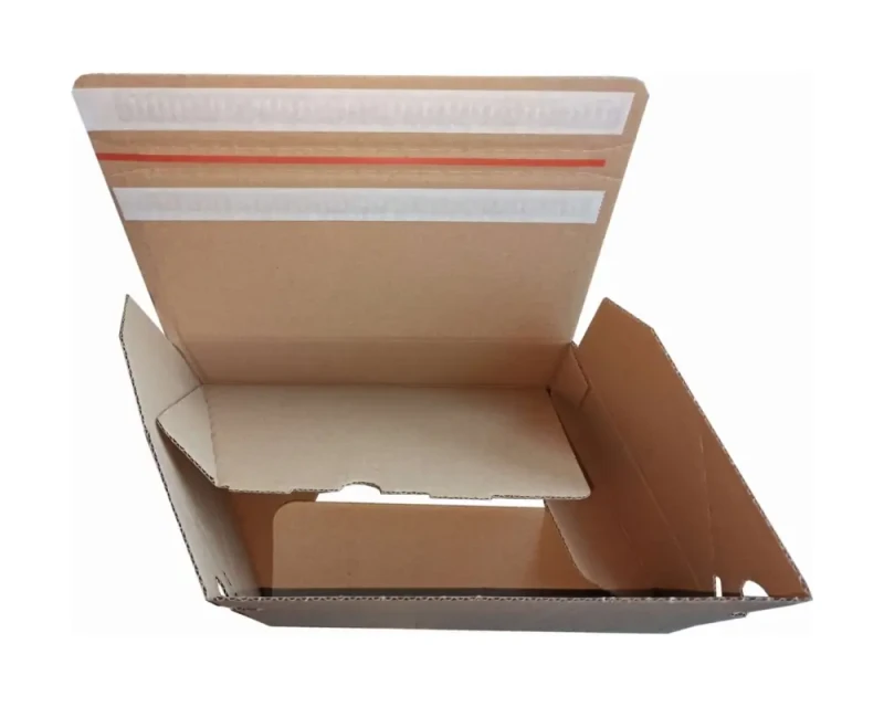 Karton o wymiarach 250x175x75mm, wykonany z szarej tektury falistej (fala B, gramatura 385 g/m²), Karton posiada automatyczne dno a na górnej klapie dwa paski hot-melt i zrywkę. Zdjęcie prezentuje nowoczesną konstrukcję.