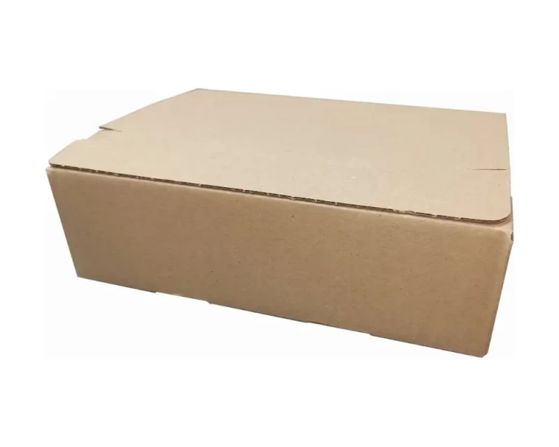 Karton o wymiarach 250x175x75mm, wykonany z szarej tektury falistej (fala B, gramatura 385 g/m²), Karton posiada automatyczne dno a na górnej klapie dwa paski hot-melt i zrywkę. Zdjęcie prezentuje nowoczesną konstrukcję.