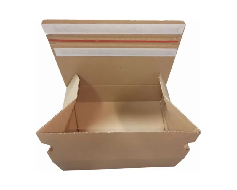 Karton o wymiarach 250x175x75mm, wykonany z szarej tektury falistej (fala B, gramatura 385 g/m²), Karton posiada automatyczne dno a na górnej klapie dwa paski hot-melt i zrywkę. Zdjęcie prezentuje nowoczesną konstrukcję.