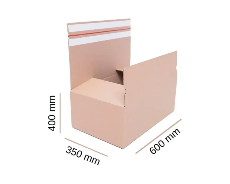 Szary karton z automatycznym dnem i dwoma paskami klejowymi o wymiarach 600x350x400 mm. Na górnej klapie posiada dwa paski klejowe i zrywkę. Karton wykonany jest z wytrzymałej 3-warstwowej tektury falistej o fali C.