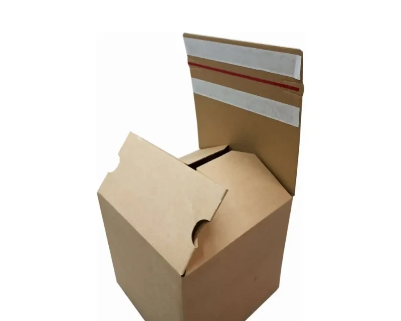 Karton z automatycznym dnem i dwoma paskami klejącymi o wymiarach 200x200x190mm. Karton wykonany jest z szarej, 3-warstwowej tektury falistej.  Widoczne są również dwa paski klejowe na klapie górnej oraz zrywka.