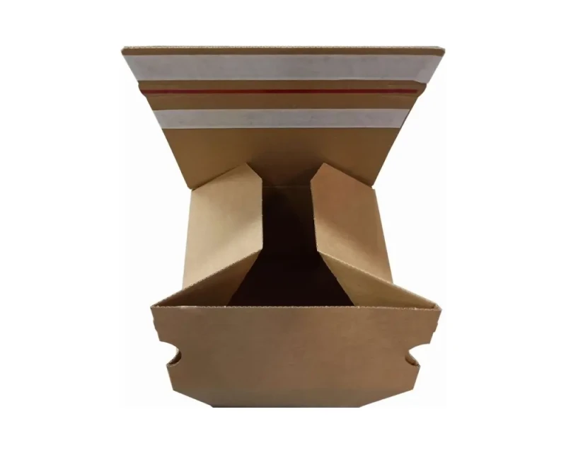 Karton z automatycznym dnem i dwoma paskami klejącymi o wymiarach 200x200x190mm. Karton wykonany jest z szarej, 3-warstwowej tektury falistej.  Widoczne są również dwa paski klejowe na klapie górnej oraz zrywka.