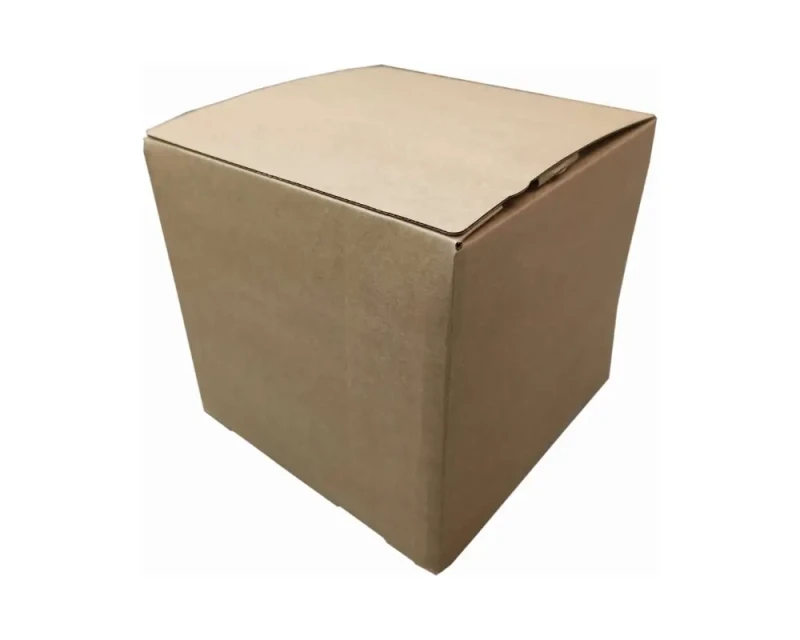 Karton z automatycznym dnem i dwoma paskami klejącymi o wymiarach 200x200x190mm. Karton wykonany jest z szarej, 3-warstwowej tektury falistej.  Widoczne są również dwa paski klejowe na klapie górnej oraz zrywka.