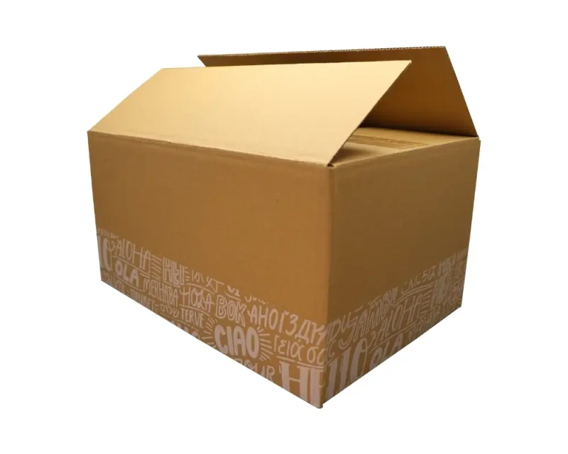 Szary karton klapowy z dwustronnym nadrukiem o wymiarach 350x250x190mm, wykonany z 3-warstwowej tektury (fala B) o gramaturze 360 g/m². Konstrukcja F201 zapewnia łatwe składanie. Biały nadruk na szaro-szarej tekturze podkreśla estetykę opakowania.