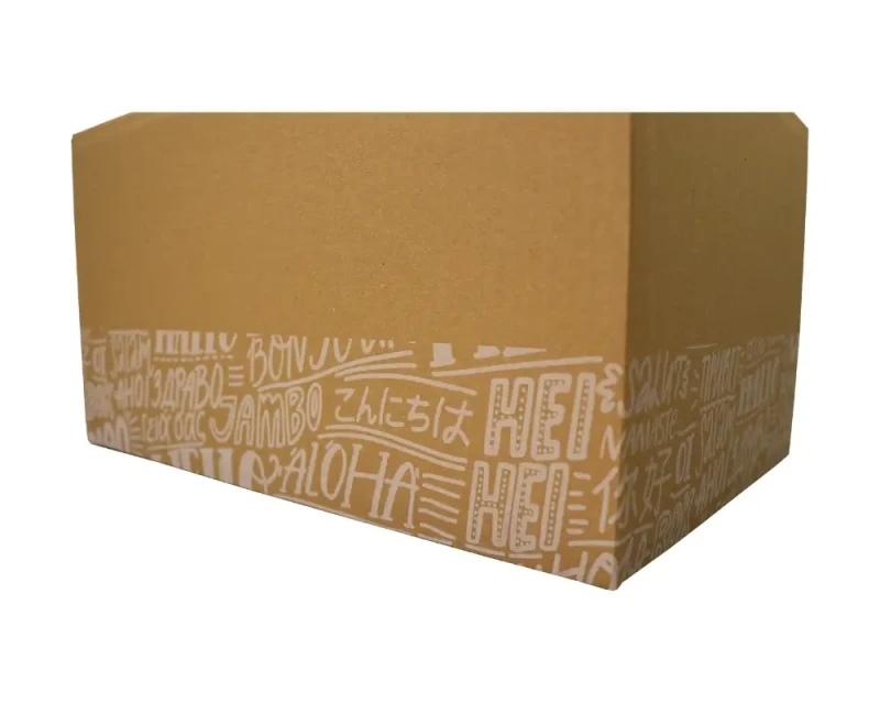 Szary karton klapowy z dwustronnym nadrukiem o wymiarach 350x250x190mm, wykonany z 3-warstwowej tektury (fala B) o gramaturze 360 g/m². Konstrukcja F201 zapewnia łatwe składanie. Biały nadruk na szaro-szarej tekturze podkreśla estetykę opakowania.