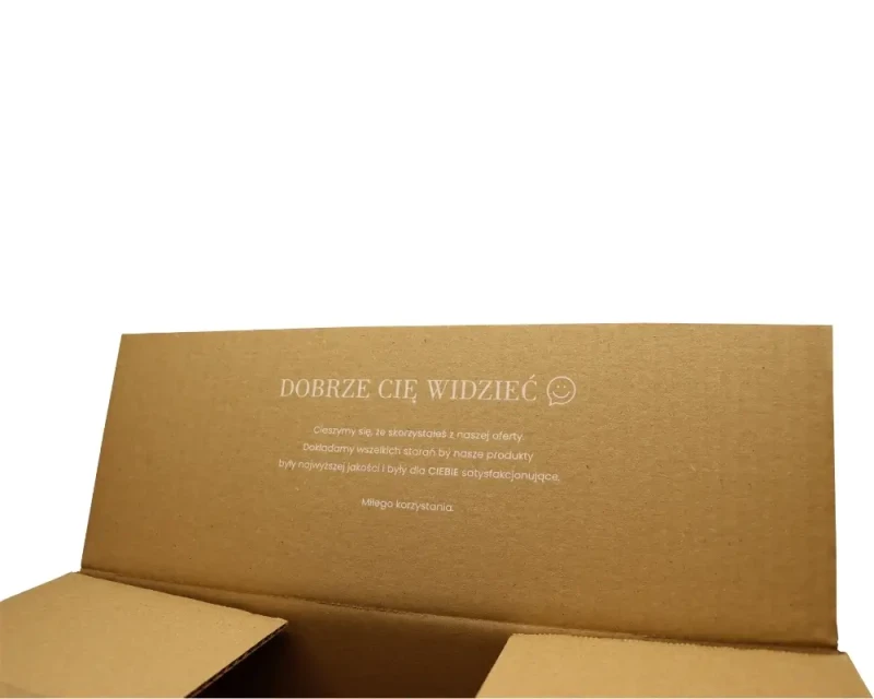 Szary karton klapowy z dwustronnym nadrukiem o wymiarach 350x250x190mm, wykonany z 3-warstwowej tektury (fala B) o gramaturze 360 g/m². Konstrukcja F201 zapewnia łatwe składanie. Biały nadruk na szaro-szarej tekturze podkreśla estetykę opakowania.