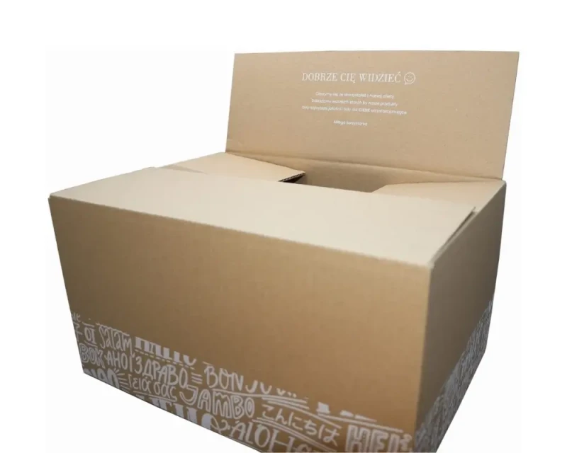 Szary karton klapowy z dwustronnym nadrukiem o wymiarach 350x250x190mm, wykonany z 3-warstwowej tektury (fala B) o gramaturze 360 g/m². Konstrukcja F201 zapewnia łatwe składanie. Biały nadruk na szaro-szarej tekturze podkreśla estetykę opakowania.