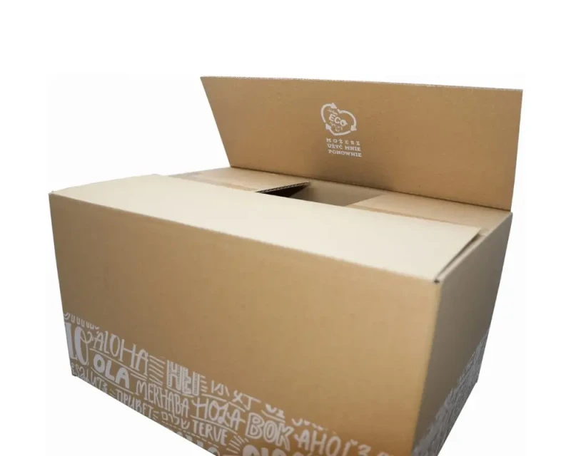 Szary karton klapowy z dwustronnym nadrukiem o wymiarach 350x250x190mm, wykonany z 3-warstwowej tektury (fala B) o gramaturze 360 g/m². Konstrukcja F201 zapewnia łatwe składanie. Biały nadruk na szaro-szarej tekturze podkreśla estetykę opakowania.