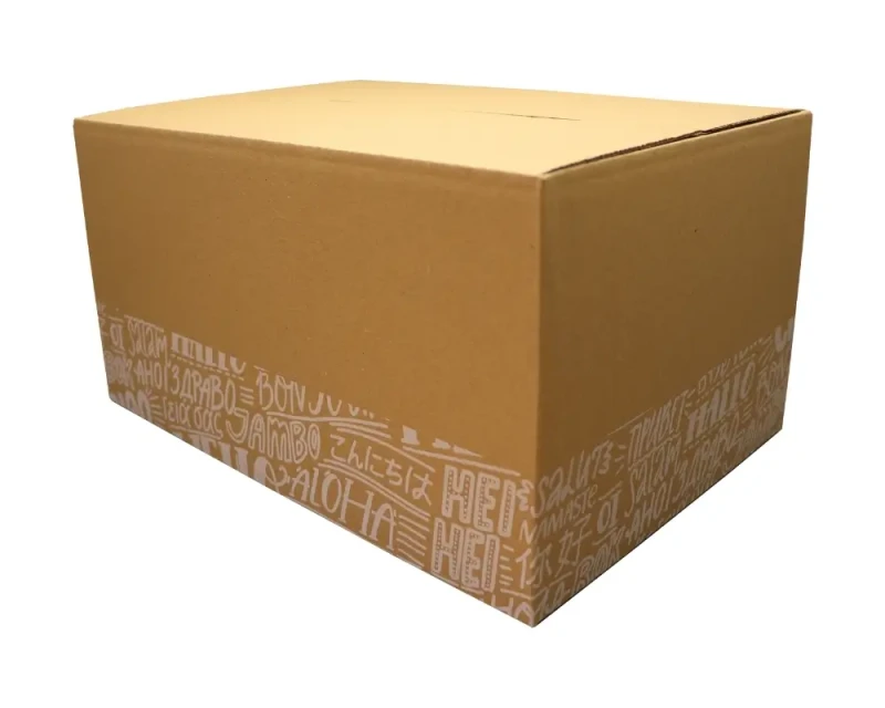 Szary karton klapowy z dwustronnym nadrukiem o wymiarach 350x250x190mm, wykonany z 3-warstwowej tektury (fala B) o gramaturze 360 g/m². Konstrukcja F201 zapewnia łatwe składanie. Biały nadruk na szaro-szarej tekturze podkreśla estetykę opakowania.