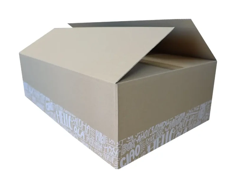 Szary karton klapowy o wymiarach 640x380x190 mm, wykonany z 3-warstwowej tektury (fala B) o gramaturze 410 g/m². Konstrukcja F201 zapewnia łatwe składanie. Biały nadruk na szaro-szarej tekturze podkreśla estetykę opakowania.