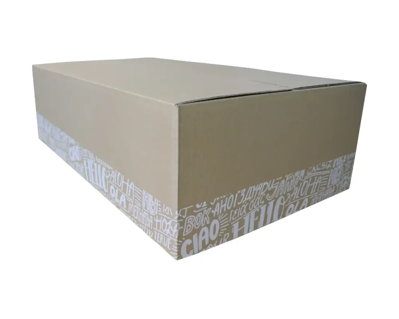 Szary karton klapowy o wymiarach 640x380x190 mm, wykonany z 3-warstwowej tektury (fala B) o gramaturze 410 g/m². Konstrukcja F201 zapewnia łatwe składanie. Biały nadruk na szaro-szarej tekturze podkreśla estetykę opakowania.