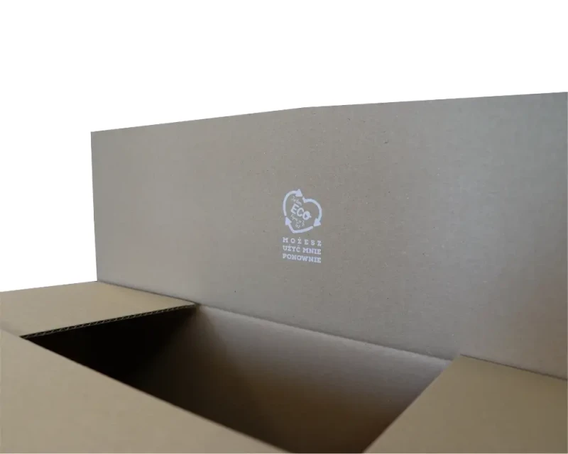 Szary karton klapowy o wymiarach 640x380x190 mm, wykonany z 3-warstwowej tektury (fala B) o gramaturze 410 g/m². Konstrukcja F201 zapewnia łatwe składanie. Biały nadruk na szaro-szarej tekturze podkreśla estetykę opakowania.